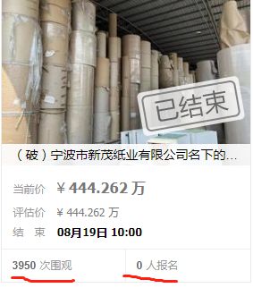 宁波纸板厂破产清算 784吨原纸及20台套设备以309万元成交